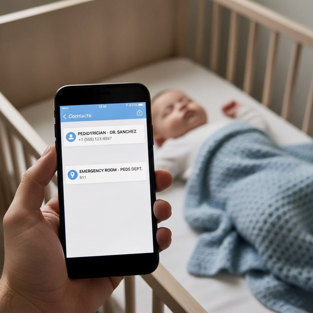 "Parent learning when to call pediatrician immediately for infant emergency symptoms and baby health warning signs"