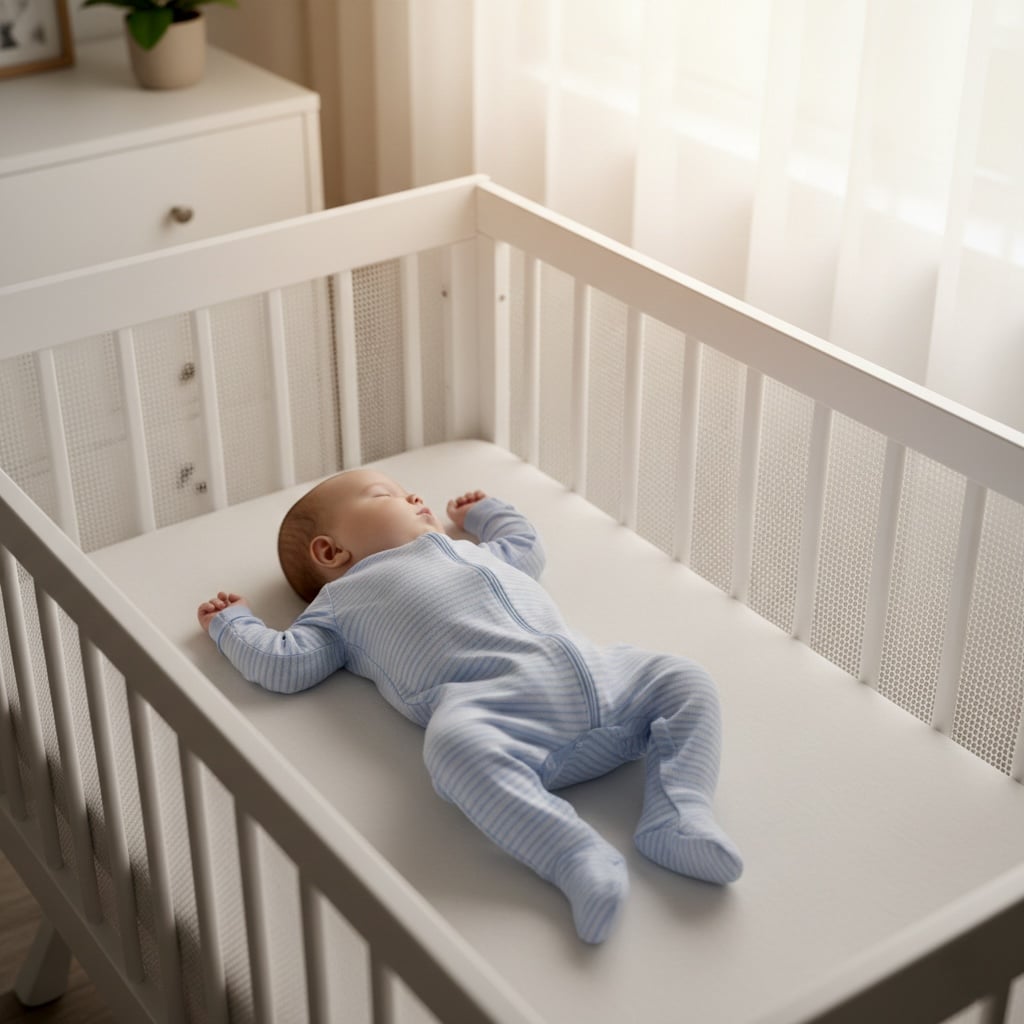 Healthy baby sleeping peacefully after treating sleep problems and infant sleep disorders with medical intervention