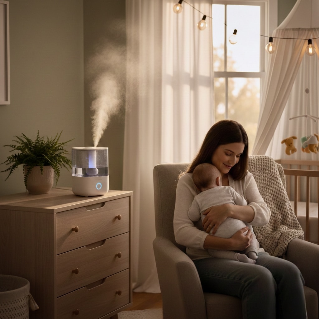 A mother holding her baby upright during baby respiratory recovery at home