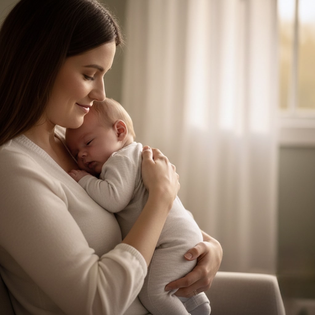 Baby positioned upright on caregiver's chest for baby respiratory recovery support