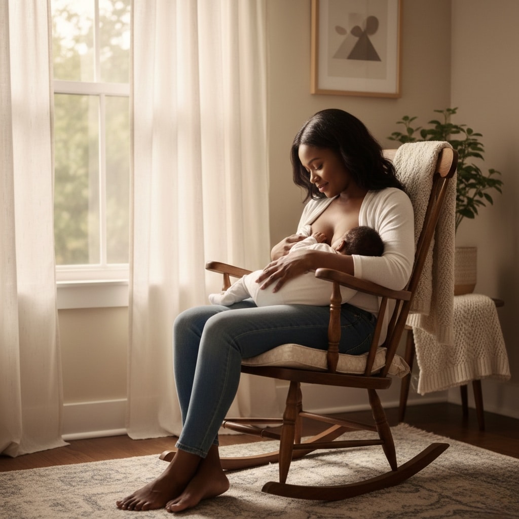 Mother breastfeeding infant as part of baby respiratory recovery nutrition support