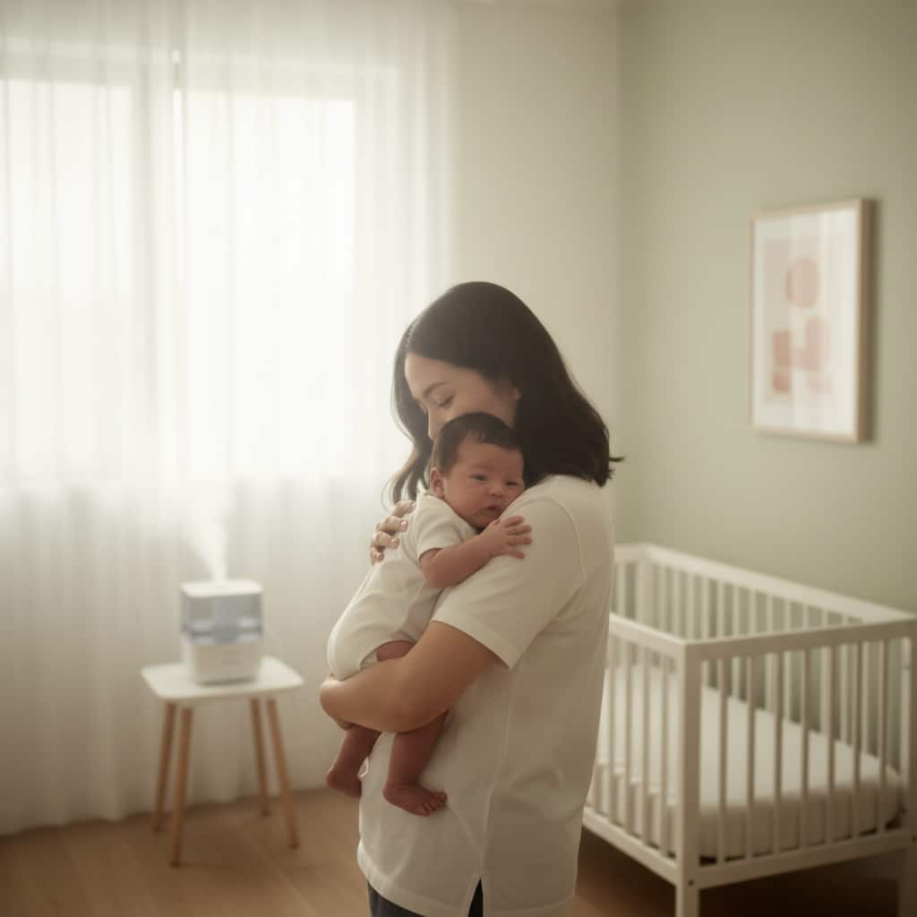 "Mother holding infant upright during baby respiratory recovery at home"