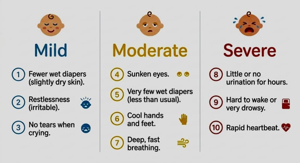  Infographic showing 10 baby dehydration signs organized by mild, moderate and severe levels