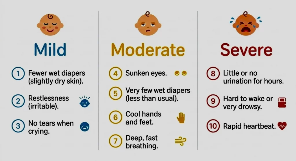  Infographic showing 10 baby dehydration signs organized by mild, moderate and severe levels