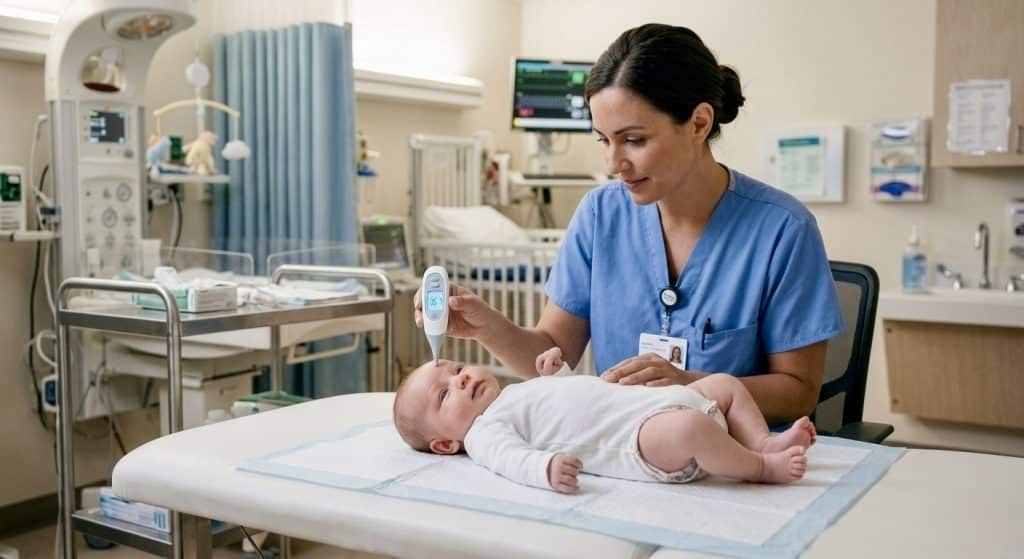  "Nurse using temporal digital thermometer on baby's forehead to assess newborn fever danger"