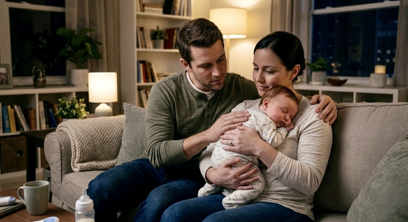 "Parents holding baby with fever at night, mother and father concerned about baby fever when to go to the ER"