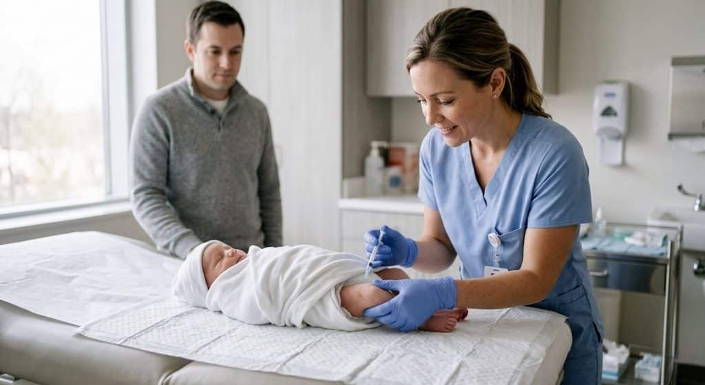  Newborn receiving nirsevimab monoclonal antibody to prevent RSV in babies