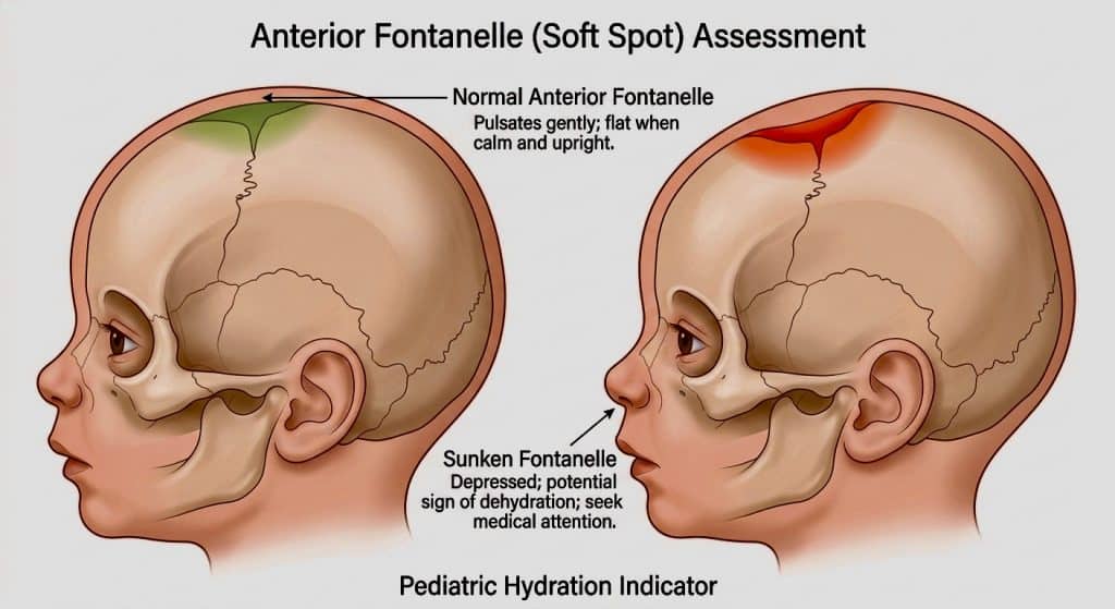 Medical illustration of normal versus sunken fontanelle as a baby dehydration sign