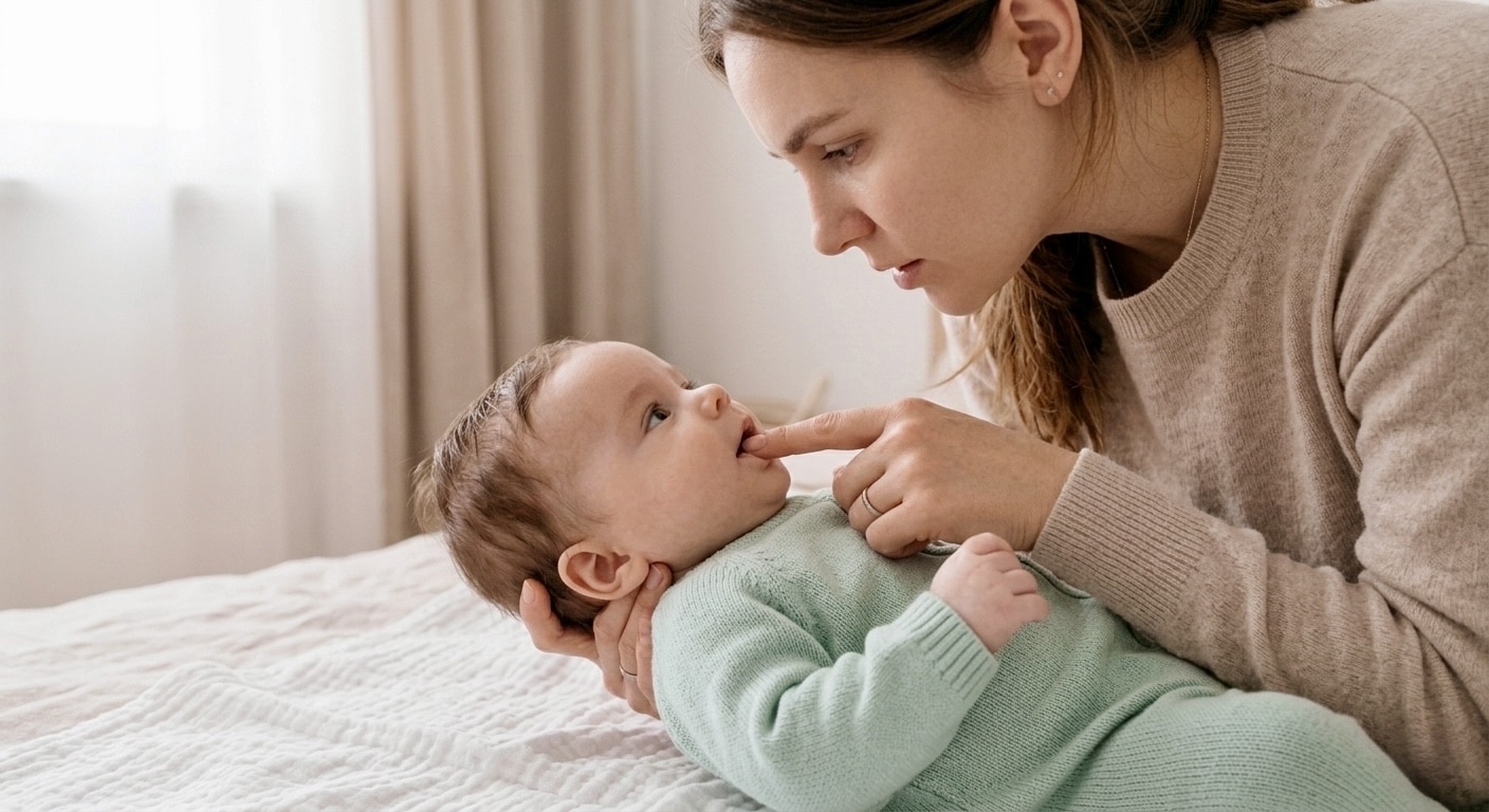 Mother checking baby's mouth for dryness, one of the earliest baby dehydration signs