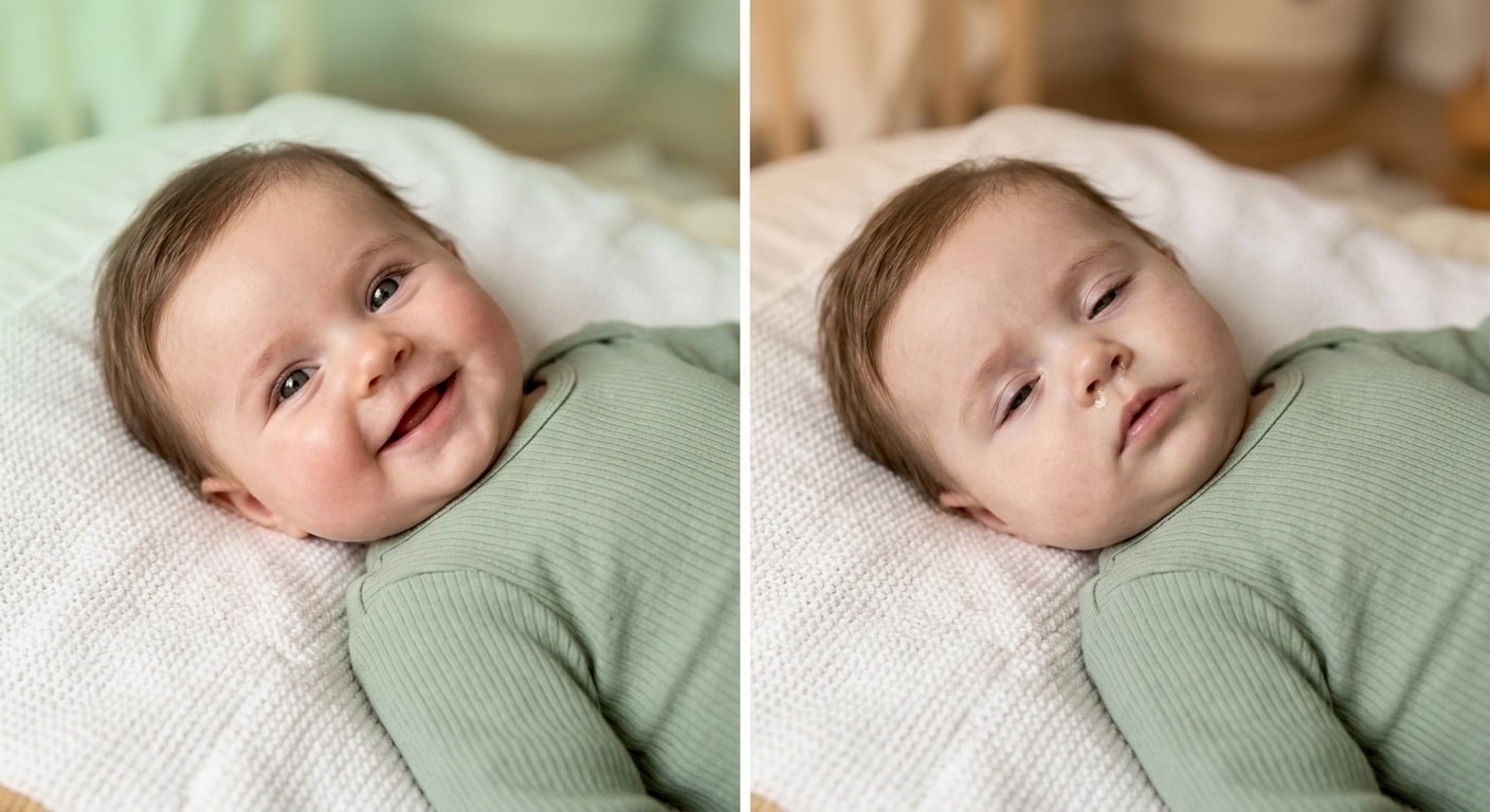 Split image showing healthy baby versus baby with RSV in babies symptoms