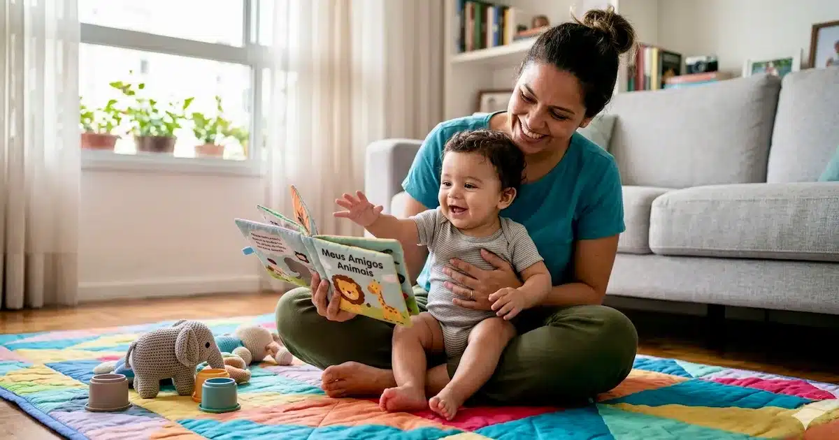 A caregiver applying childcare basics healthy child development while reading with a smiling baby
