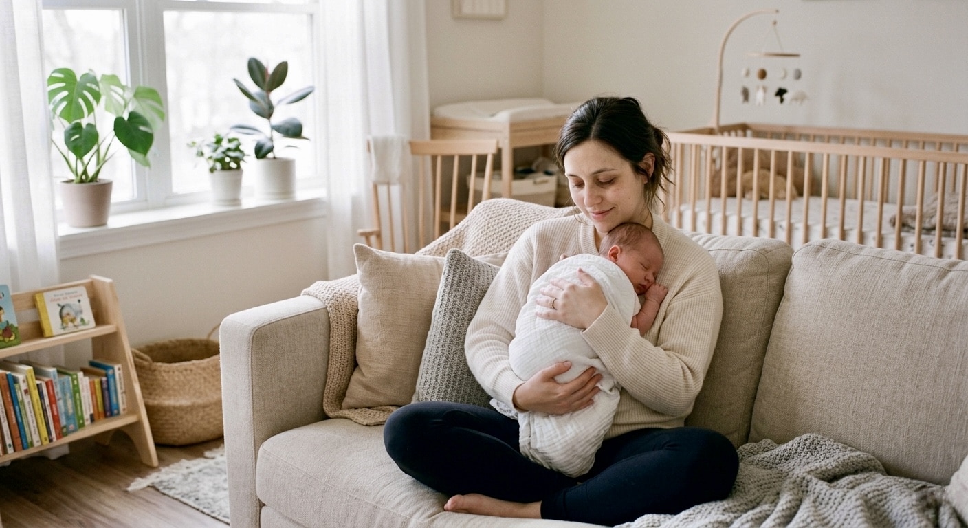 A new mother holding her newborn, representing the emotional experience of baby blues vs postpartum depression.