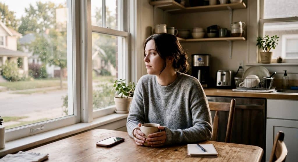 A mother sitting alone looking out a window, illustrating signs of postpartum depression in new mothers.