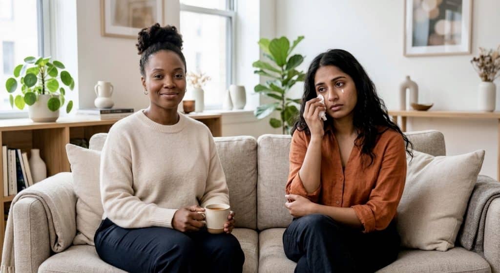 Side-by-side representation of contrasting emotional states showing baby blues vs postpartum depression differences.