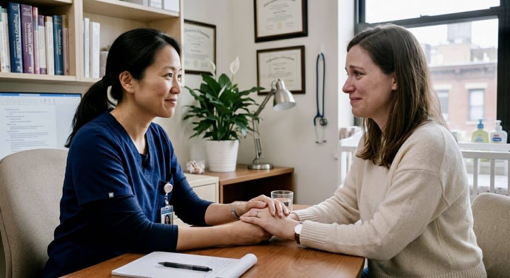 A healthcare professional consulting a new mother about puerperal depression vs baby blues symptoms.