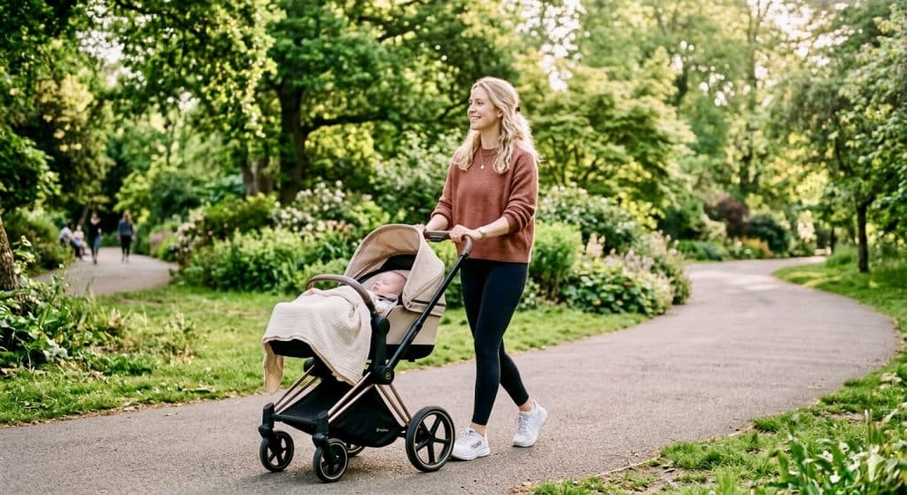 A mother walking outdoors with a stroller as part of postpartum depression symptoms and treatment self-care strategies.