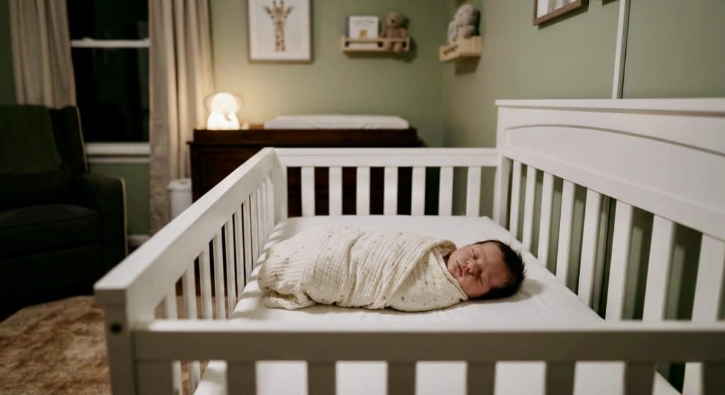 Newborn baby sleeping in crib following a baby sleep schedule by age 0 to 24 months in a cozy nursery