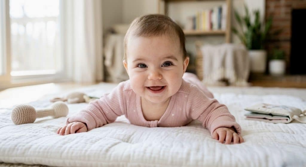  Alert 4-month-old baby during wake window following a structured newborn sleep schedule first 3 months transition