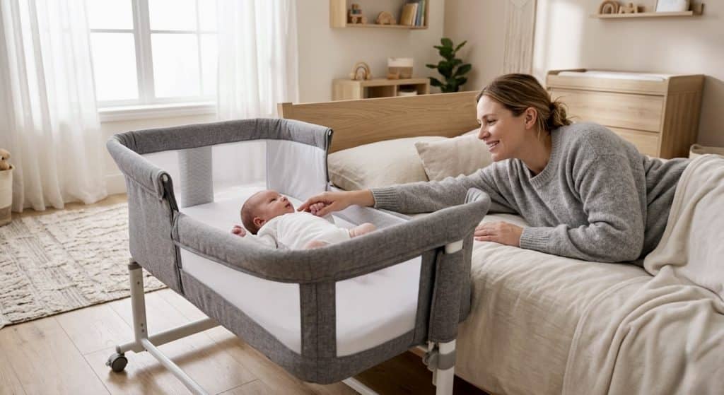 Mother placing baby in crib during nap following a consistent baby nap schedule by month