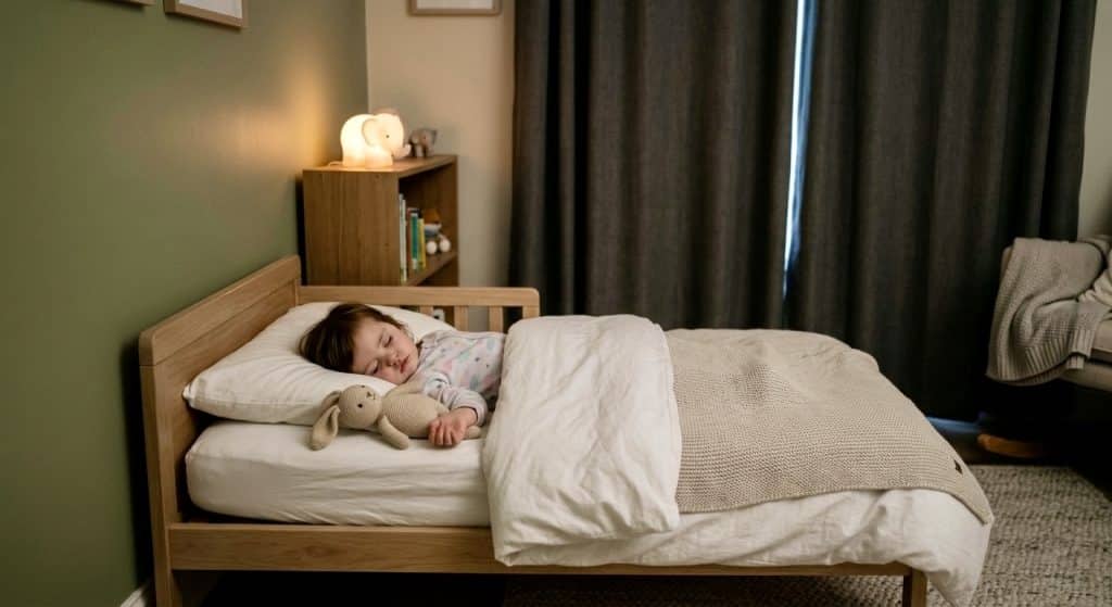 18-month-old toddler sleeping in toddler bed following a baby sleep schedule by age 0 to 24 months