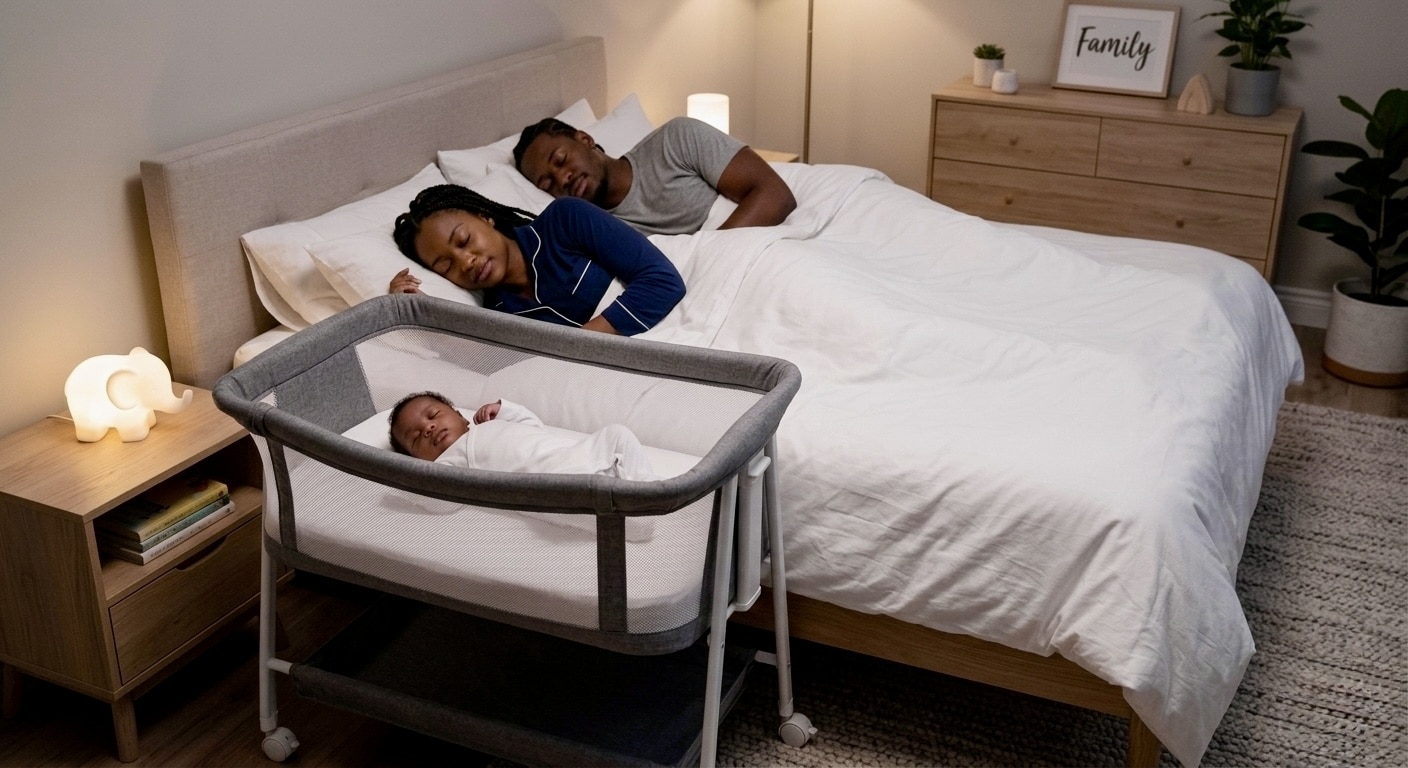 "Black family with newborn baby sleeping in bedside bassinet following a baby sleep schedule by age 0 to 24 months"