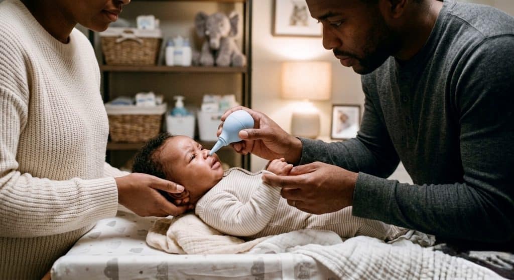 Parent using nasal aspirator for RSV in babies home care treatment