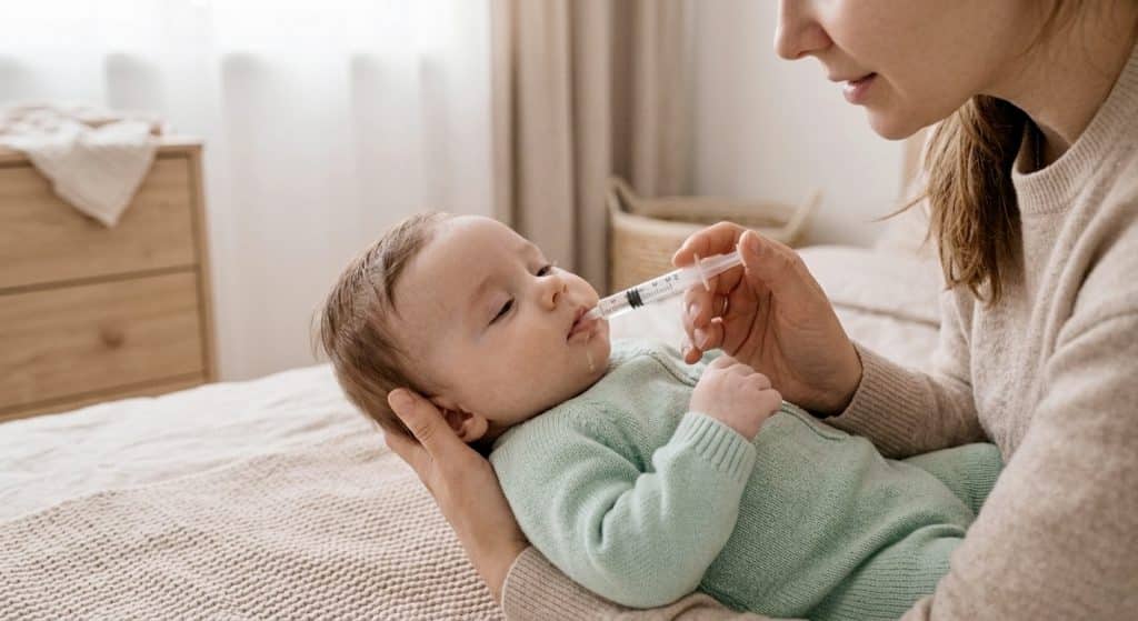 Mother using oral syringe to rehydrate baby at home following baby dehydration signs