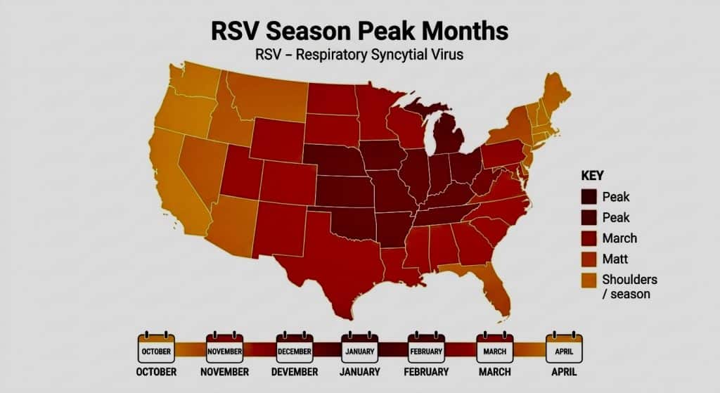 US map showing RSV season months relevant to RSV in babies prevention