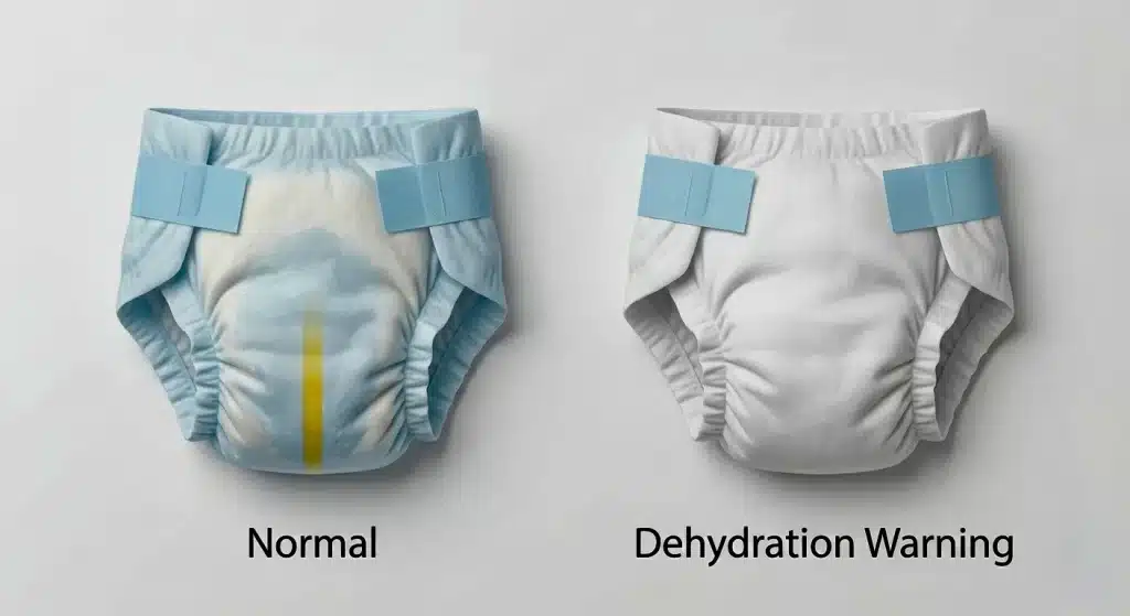 Comparison of wet and dry baby diaper showing signs of dehydration in babies