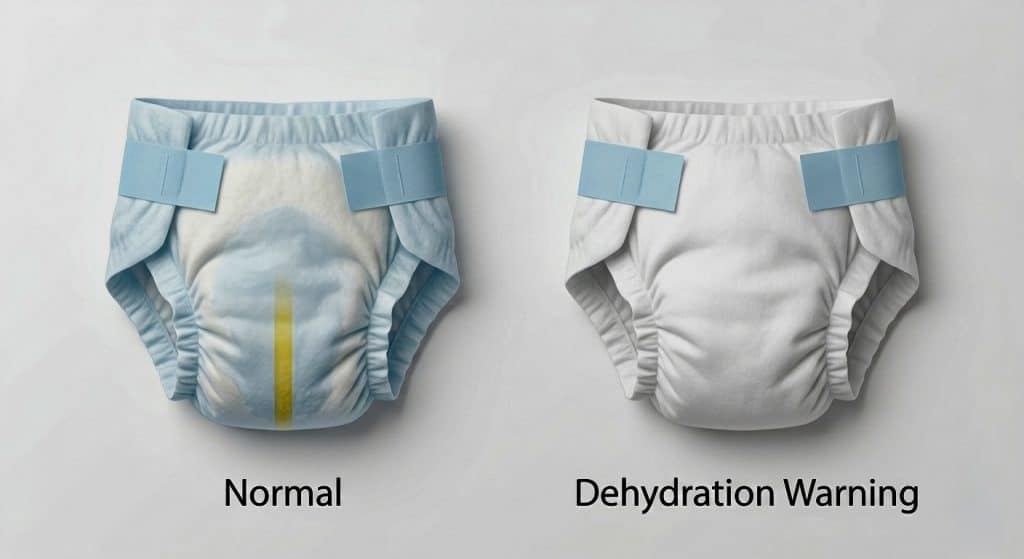 Comparison of wet and dry baby diaper showing signs of dehydration in babies