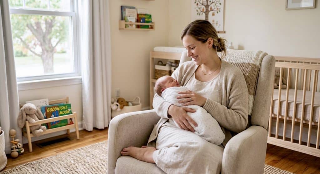 New mother holding newborn as part of essential baby care for new parents