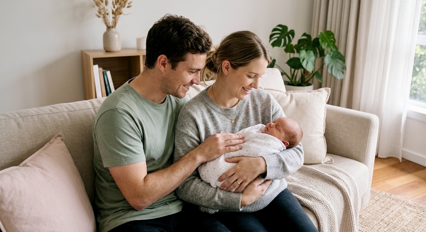 Young couple practicing essential baby care for new parents with their swaddled newborn at home