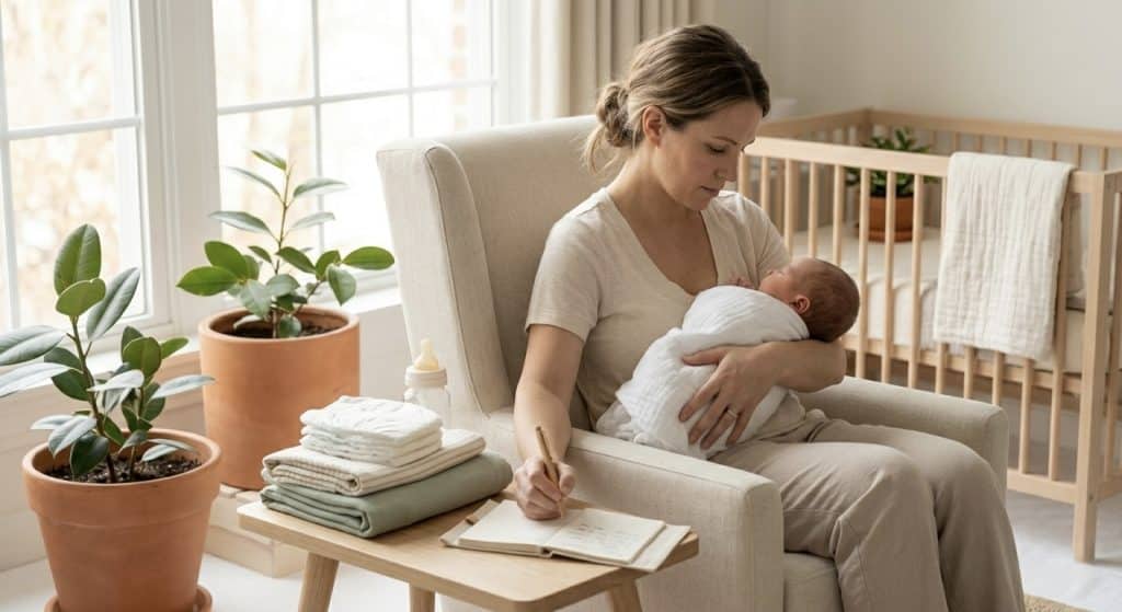 Mother observing cow's milk allergy symptoms in babies while keeping notes in a nursery journal