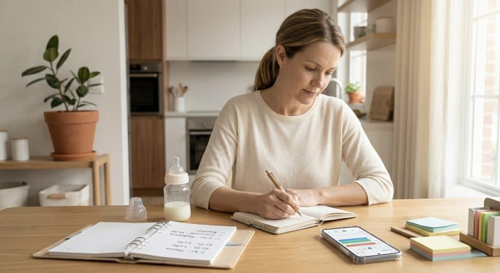 Parent documenting feeding schedule and symptoms to support cow's milk protein allergy diagnosis