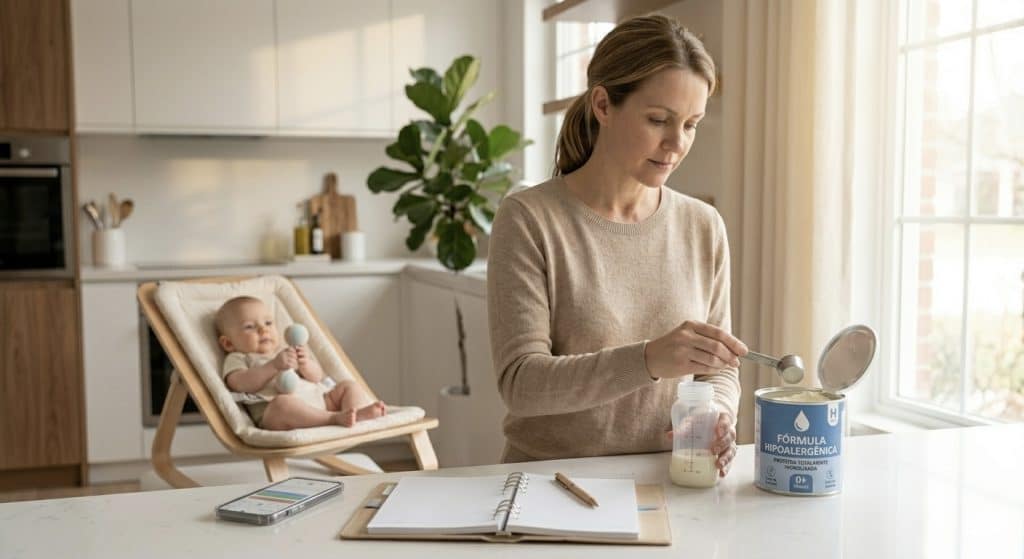 Parent preparing hypoallergenic baby formula for cow's milk allergy in babies at home