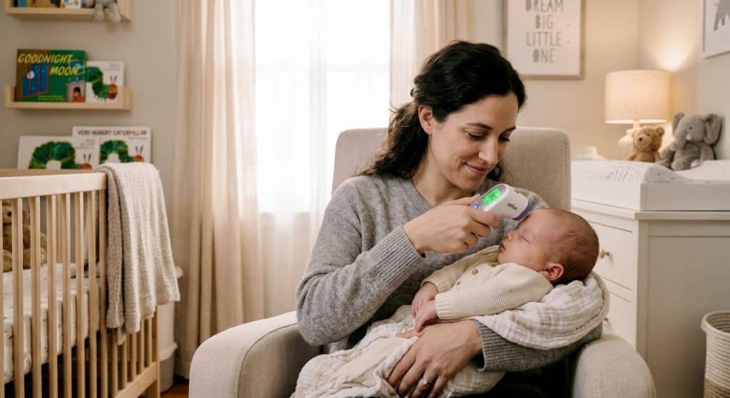 Mother using digital forehead thermometer on newborn as part of monitoring newborn illness warning signs