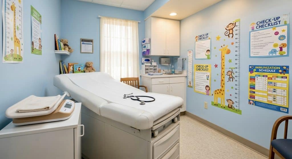 Pediatric exam room environment where parents bring newborns to assess common newborn infections and prevention needs
