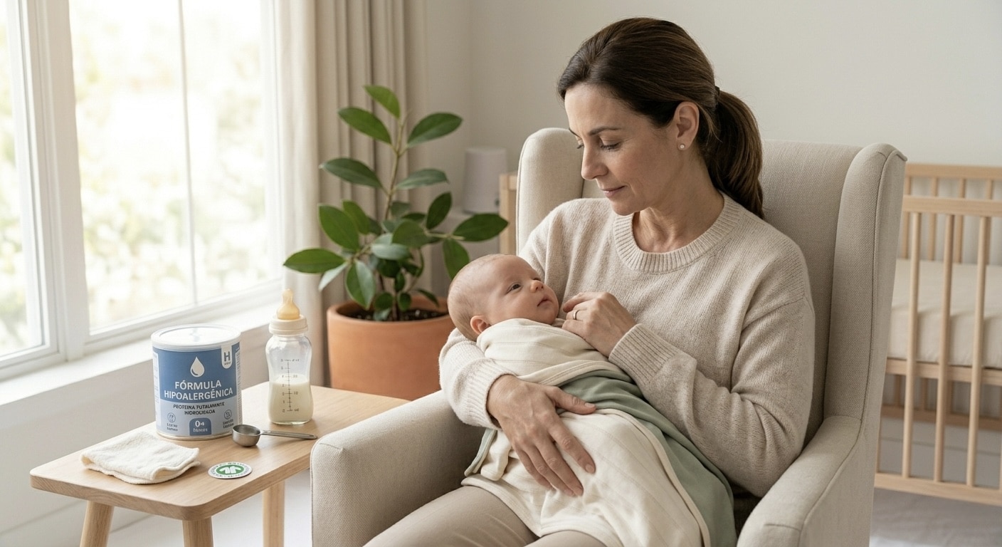 Mother comforting baby with cow's milk allergy symptoms in a calm nursery setting
