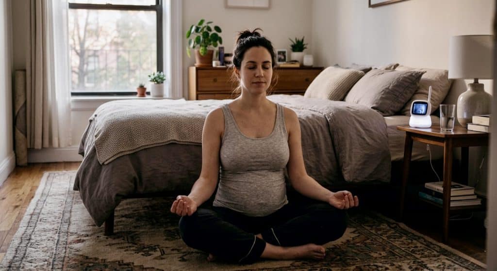 Mother using mindful breathing for overwhelmed parents during a quiet morning moment