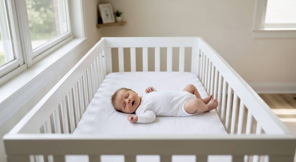 Newborn sleeping safely on back following newborn sleep and bathing guide recommendations
