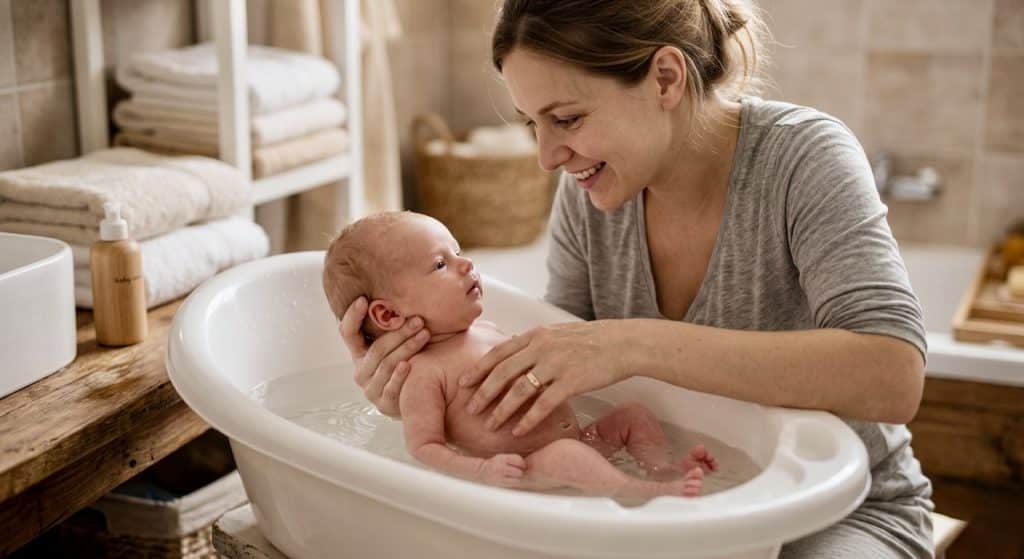 Parent bathing newborn safely as part of how to care for a newborn baby at home