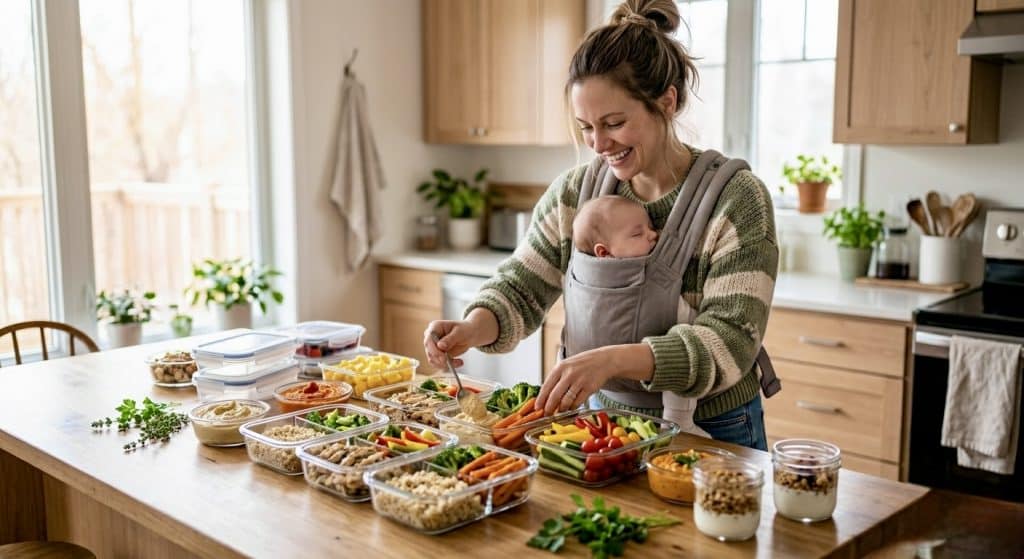 Parent following healthy meal prep ideas for busy families while baby sleeps in a carrier