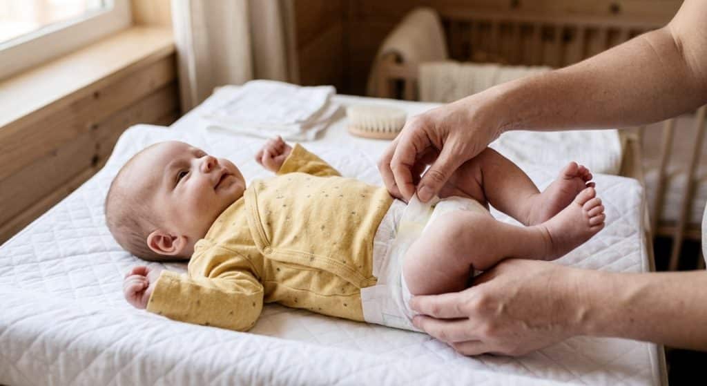 Parent practicing baby feeding and diapering basics with a newborn at home