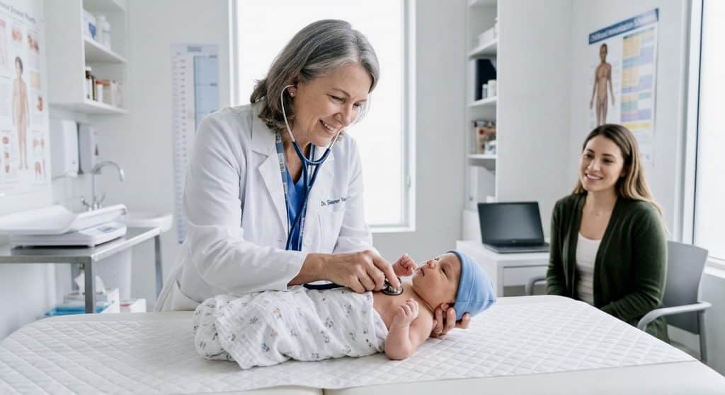 Pediatrician examining newborn as part of essential baby care for new parents health monitoring