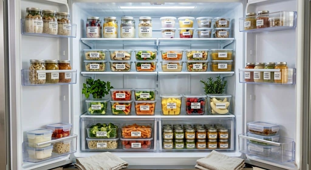 Well-organized refrigerator with labeled containers showing a complete meal prep plan for busy parents
