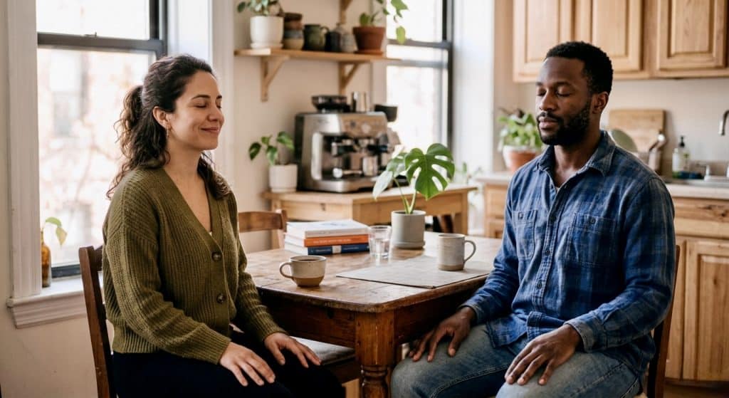 Parents practicing anxiety relief breathing exercises for moms and dads together at home