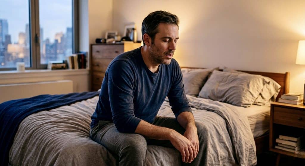 Father practicing quick breathing techniques for stressed parents before bed