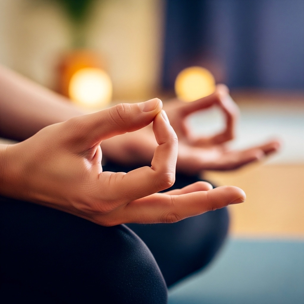 Close-up of hands in mudra position practicing breathing exercises for parents to reduce anxiety