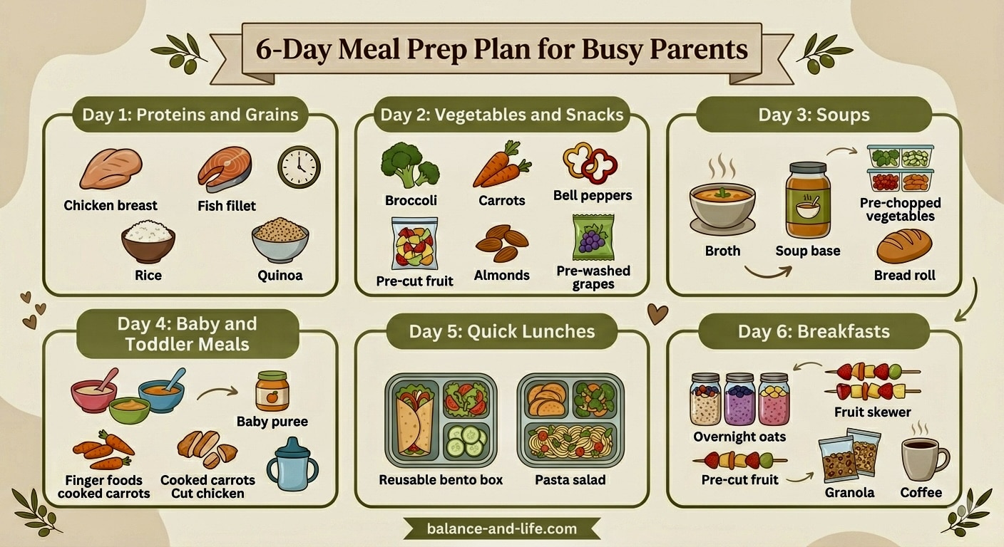 Infographic showing a 6-day meal prep plan for busy parents with daily meal categories