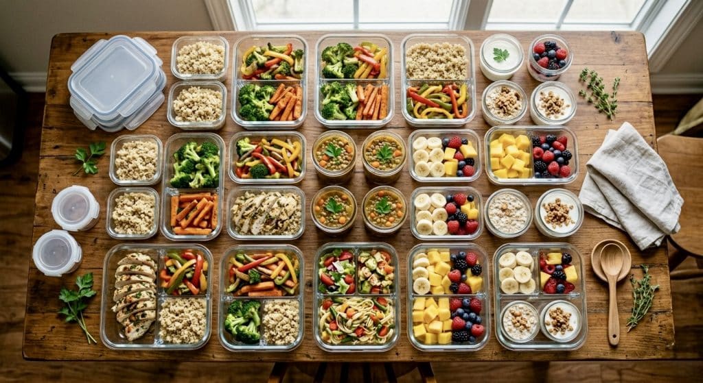 Organized meal prep containers with healthy food, part of a weekly meal prep plan for busy parents